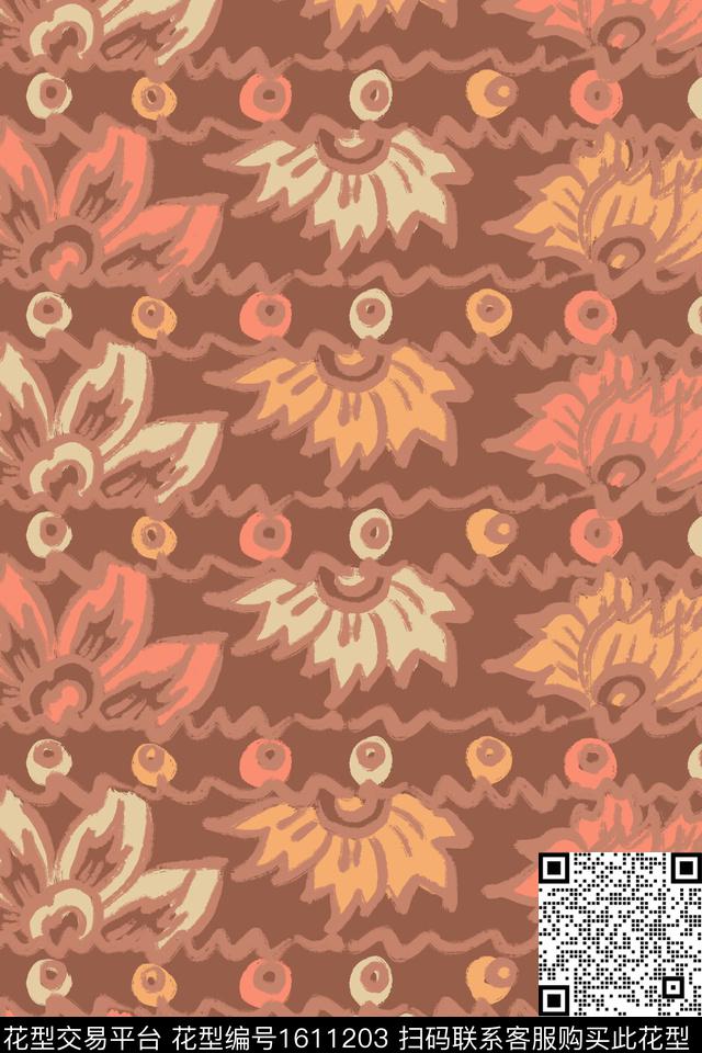 线条民族风花卉数码印花华亿平台下载（图片编号: 1611203） - 瓦栏（Walan）