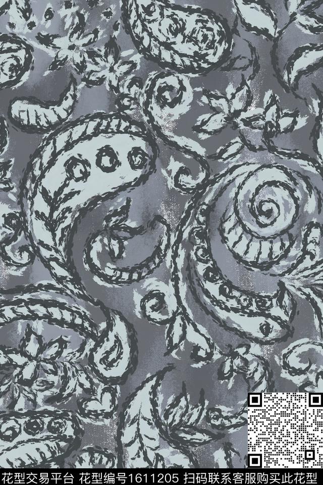 民族风笔触佩斯利数码印花华亿平台下载（图片编号: 1611205） - 瓦栏（Walan）