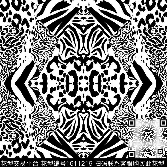 动物纹黑白对称传统印花华亿平台下载（图片编号: 1611219） - 瓦栏（Walan）