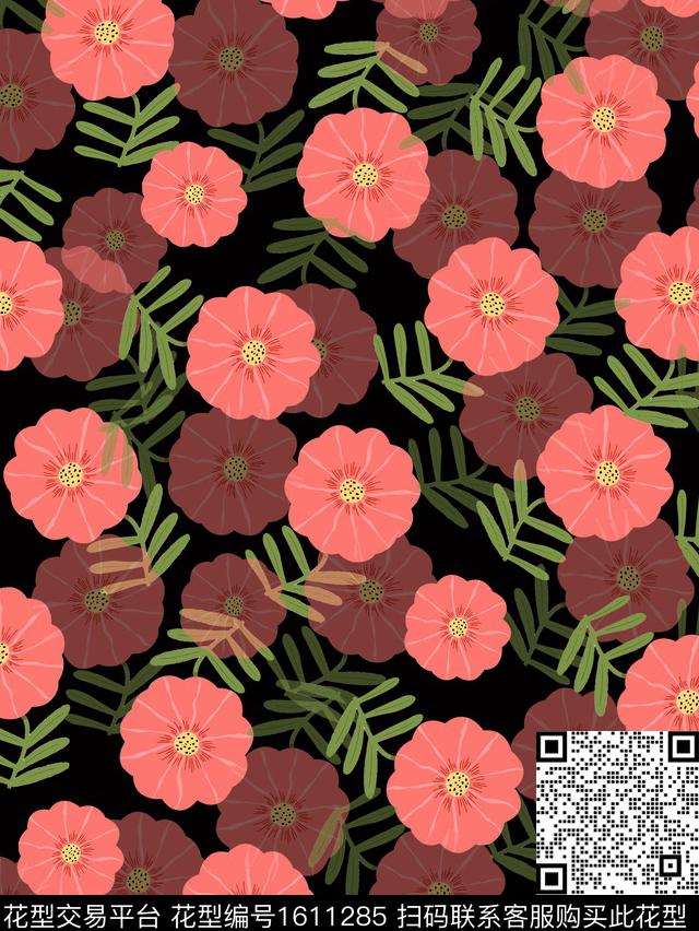 花卉影花黑底花卉数码印花华亿平台下载（图片编号: 1611285） - 瓦栏（Walan）