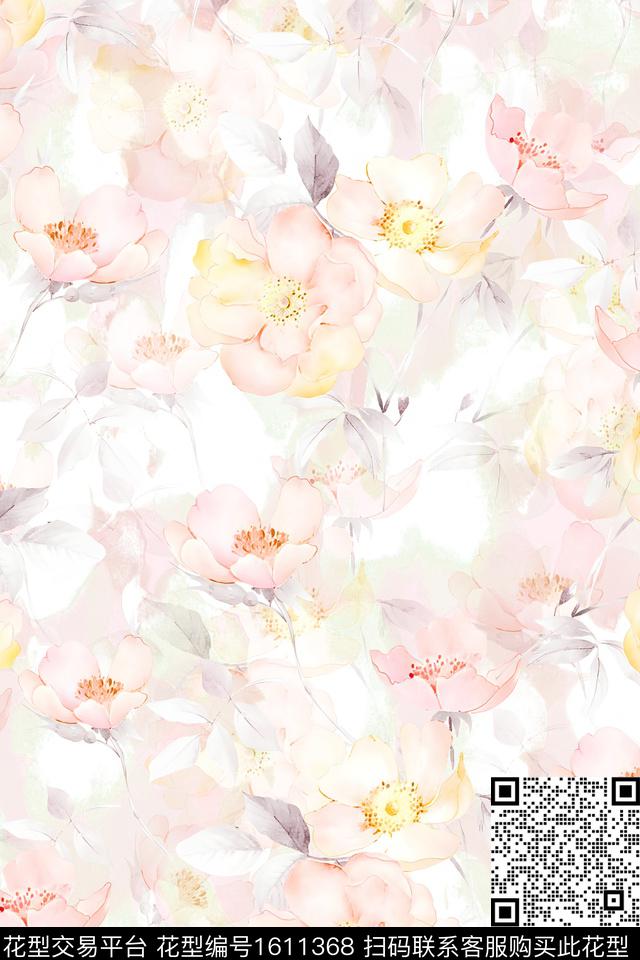 花卉影花水彩花卉数码印花华亿平台下载（图片编号: 1611368） - 瓦栏（Walan）