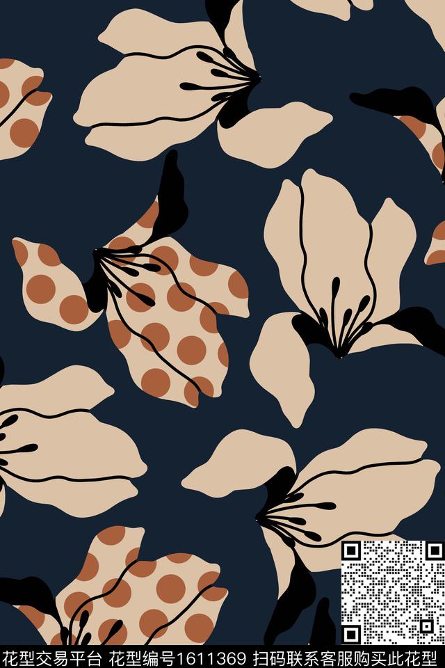 大花波点抽象花卉传统印花华亿平台下载（图片编号: 1611369） - 瓦栏（Walan）