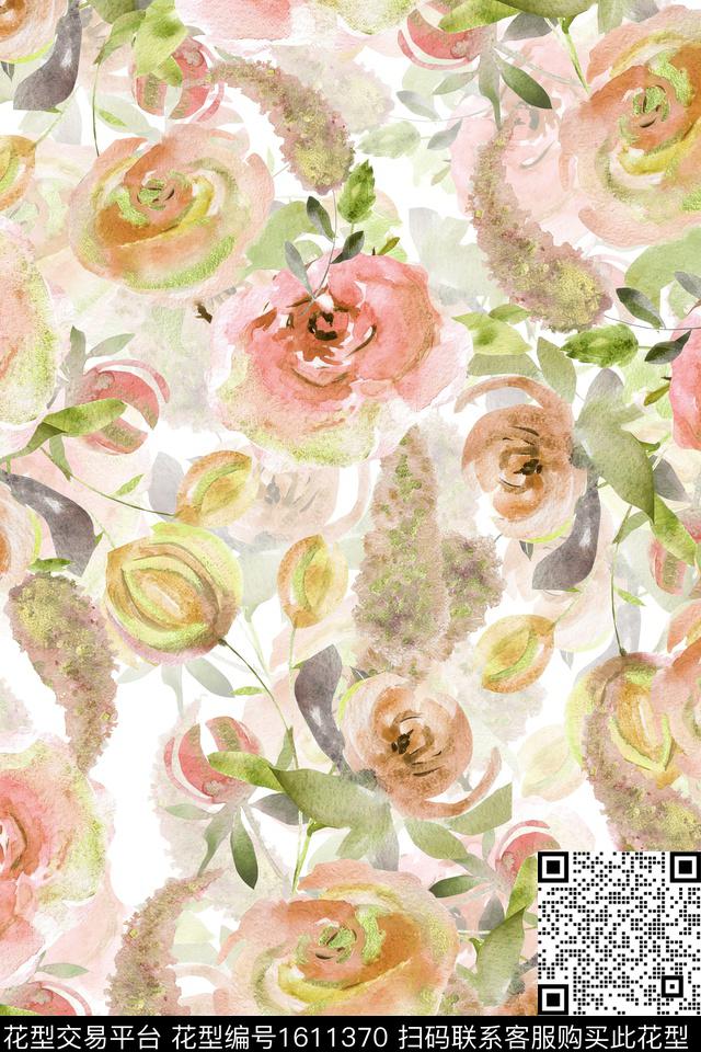 水彩花卉影花花卉数码印花华亿平台下载（图片编号: 1611370） - 瓦栏（Walan）