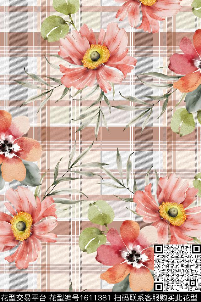 格子花卉水彩花卉数码印花华亿平台下载（图片编号: 1611381） - 瓦栏（Walan）