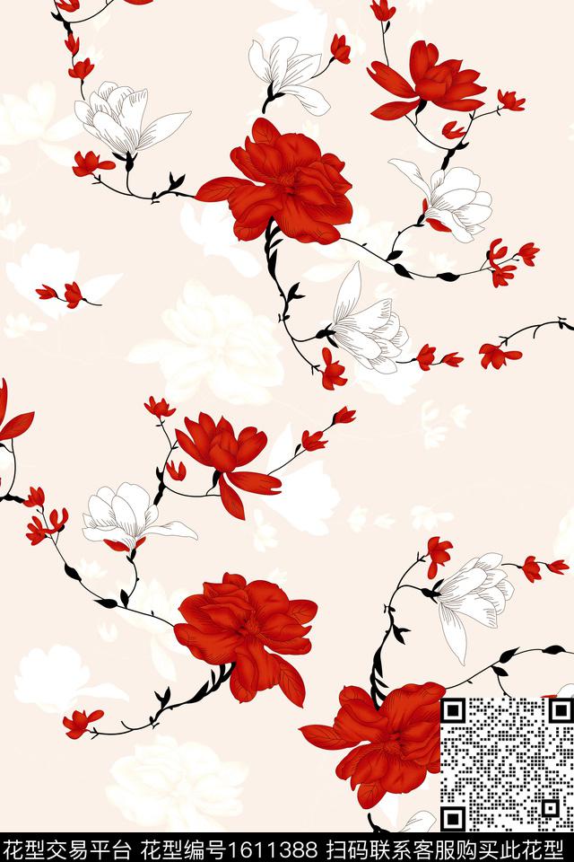 影花中国风花卉数码印花华亿平台下载（图片编号: 1611388） - 瓦栏（Walan）