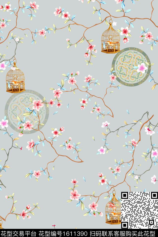 中国风花卉鸟笼数码印花华亿平台下载（图片编号: 1611390） - 瓦栏（Walan）