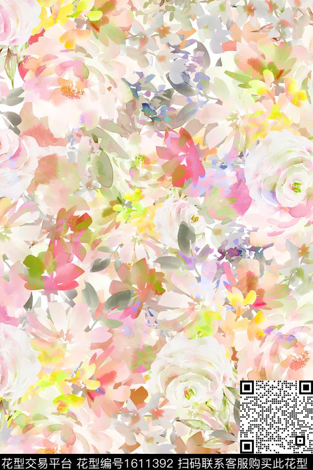 花卉水彩花卉抽象数码印花华亿平台下载（图片编号: 1611392） - 瓦栏（Walan）
