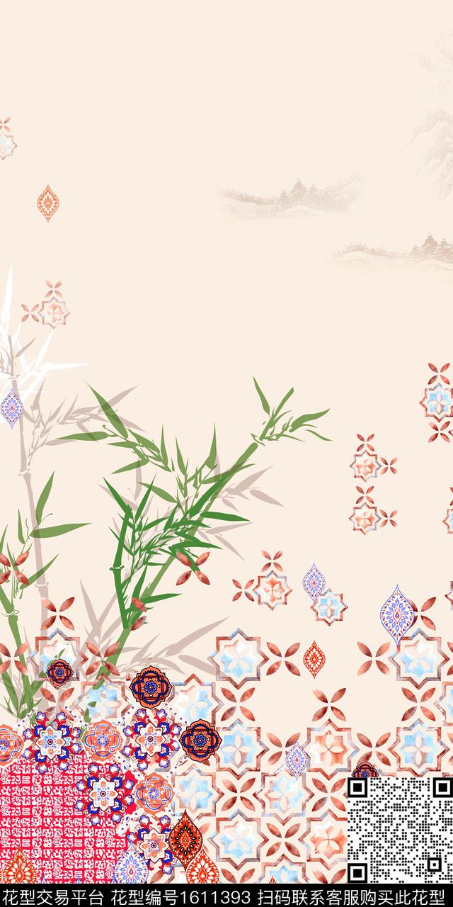 中国风定位花竹子数码印花华亿平台下载（图片编号: 1611393） - 瓦栏（Walan）