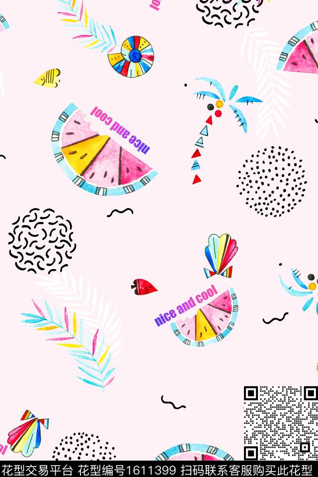 趣味椰子树西瓜数码印花华亿平台下载（图片编号: 1611399） - 瓦栏（Walan）