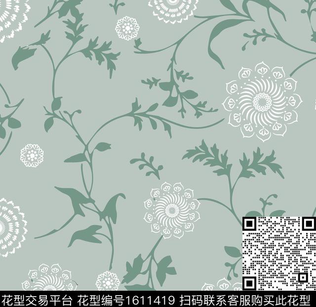 花纹植物剪影传统印花华亿平台下载（图片编号: 1611419） - 瓦栏（Walan）