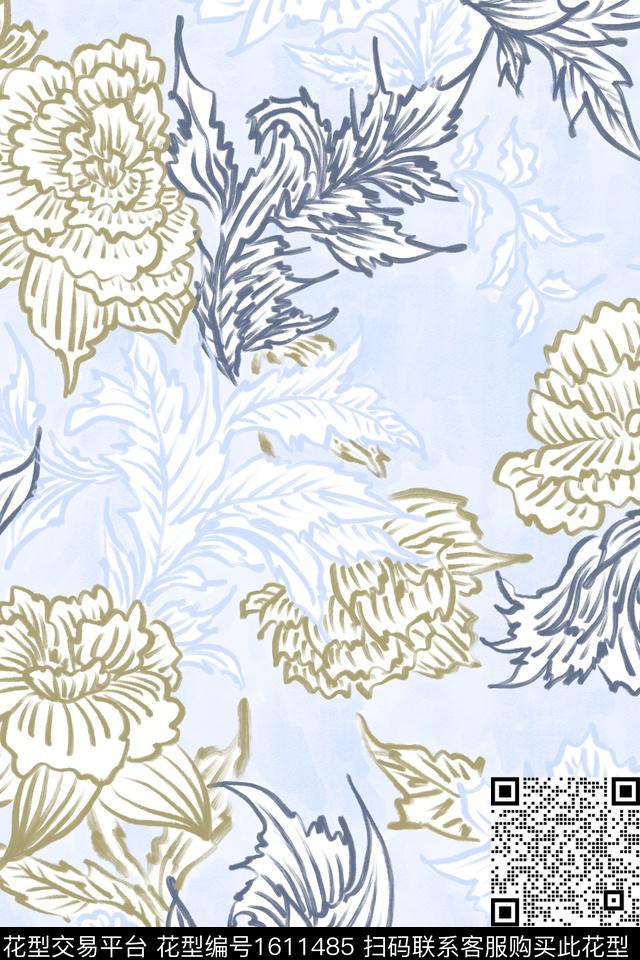 大花花卉素雅数码印花华亿平台下载（图片编号: 1611485） - 瓦栏（Walan）