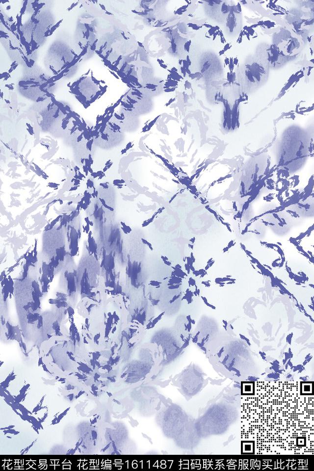 民族风水彩笔触数码印花华亿平台下载（图片编号: 1611487） - 瓦栏（Walan）