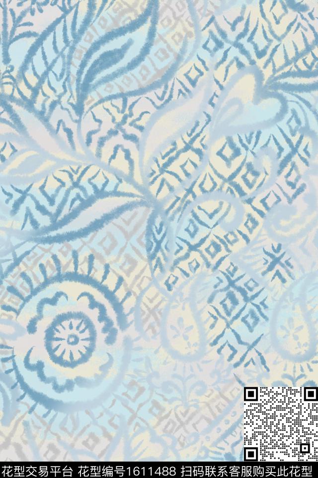 民族风花卉水彩数码印花华亿平台下载（图片编号: 1611488） - 瓦栏（Walan）