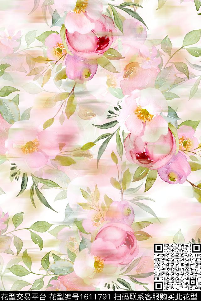 花卉水彩花卉模糊花卉数码印花华亿平台下载（图片编号: 1611791） - 瓦栏（Walan）
