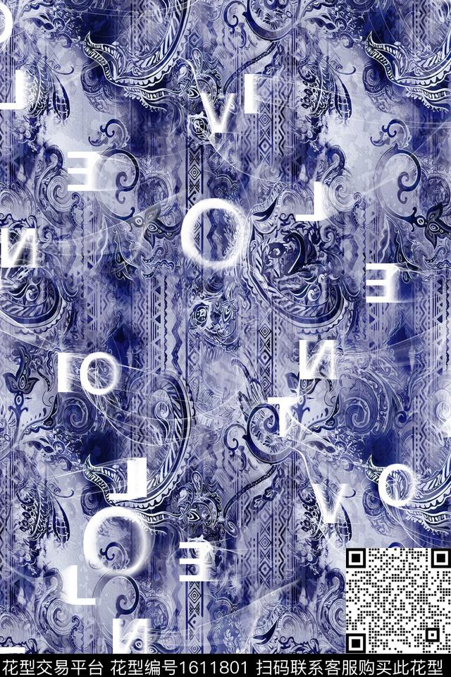 民族风字母佩斯利数码印花华亿平台下载（图片编号: 1611801） - 瓦栏（Walan）
