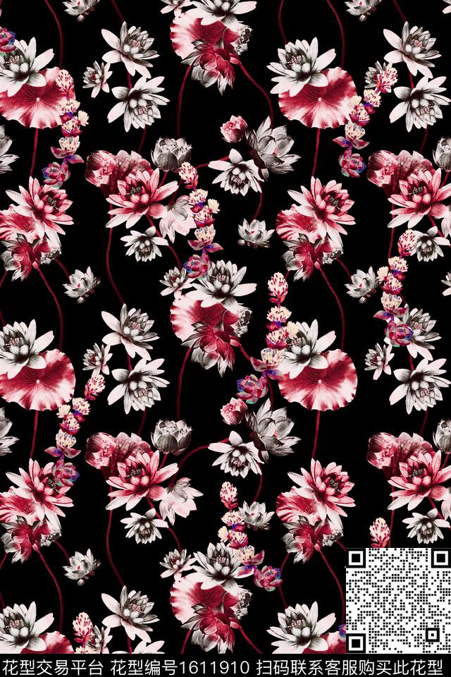 黑底花卉花卉中老年数码印花华亿平台下载（图片编号: 1611910） - 瓦栏（Walan）