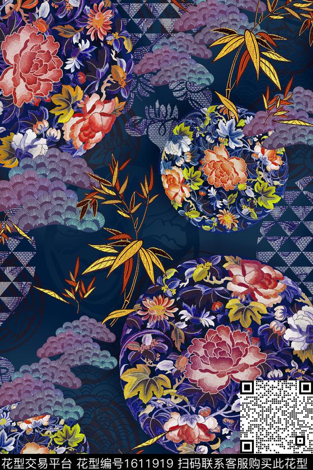 中国风花卉牡丹数码印花华亿平台下载（图片编号: 1611919） - 瓦栏（Walan）