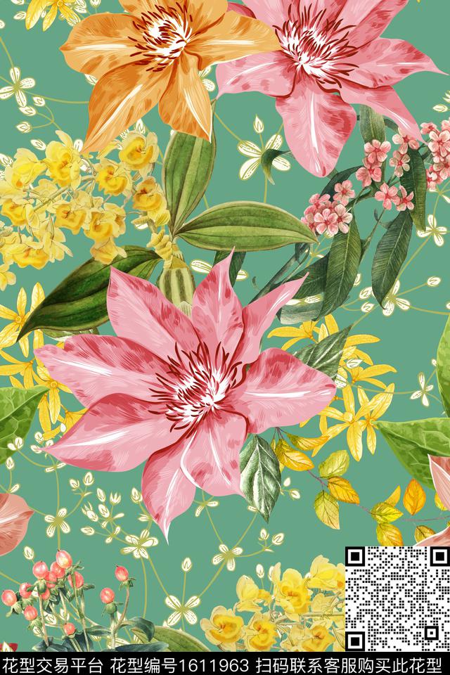 大花花卉清爽底花卉数码印花华亿平台下载（图片编号: 1611963） - 瓦栏（Walan）