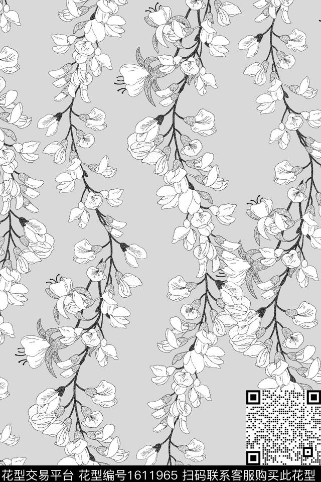花卉黑白枝条花数码印花华亿平台下载（图片编号: 1611965） - 瓦栏（Walan）