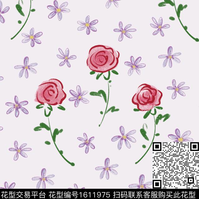 手绘玫瑰线条画花卉数码印花华亿平台下载（图片编号: 1611975） - 瓦栏（Walan）
