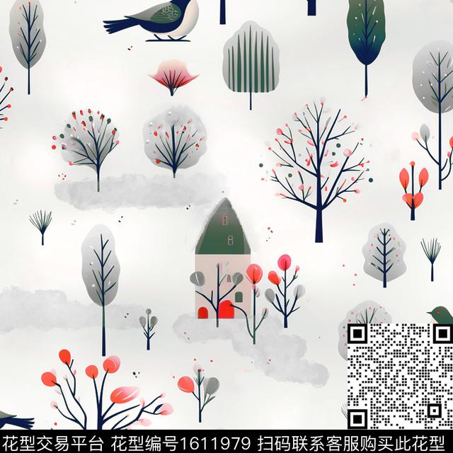 鸟房子树数码印花华亿平台下载（图片编号: 1611979） - 瓦栏（Walan）