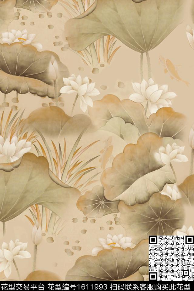 中国风花卉荷花数码印花华亿平台下载（图片编号: 1611993） - 瓦栏（Walan）