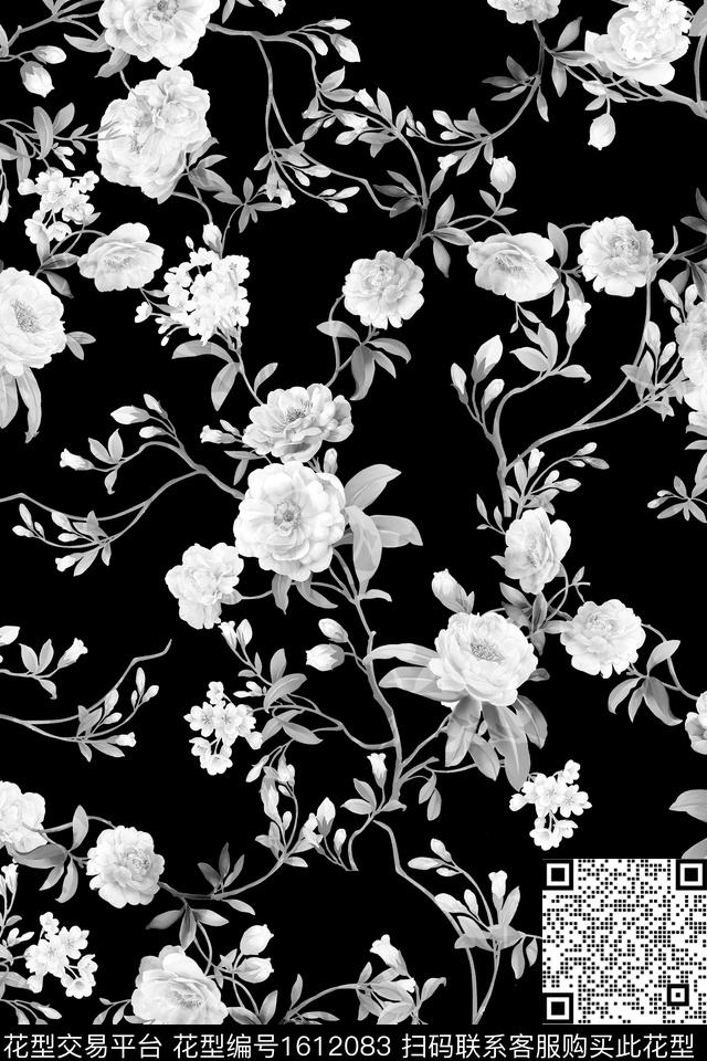 黑底花卉花卉黑白华亿平台数码印花华亿平台下载（图片编号: 1612083） - 瓦栏（Walan）