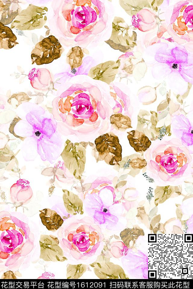 影花水彩花卉花卉数码印花华亿平台下载（图片编号: 1612091） - 瓦栏（Walan）
