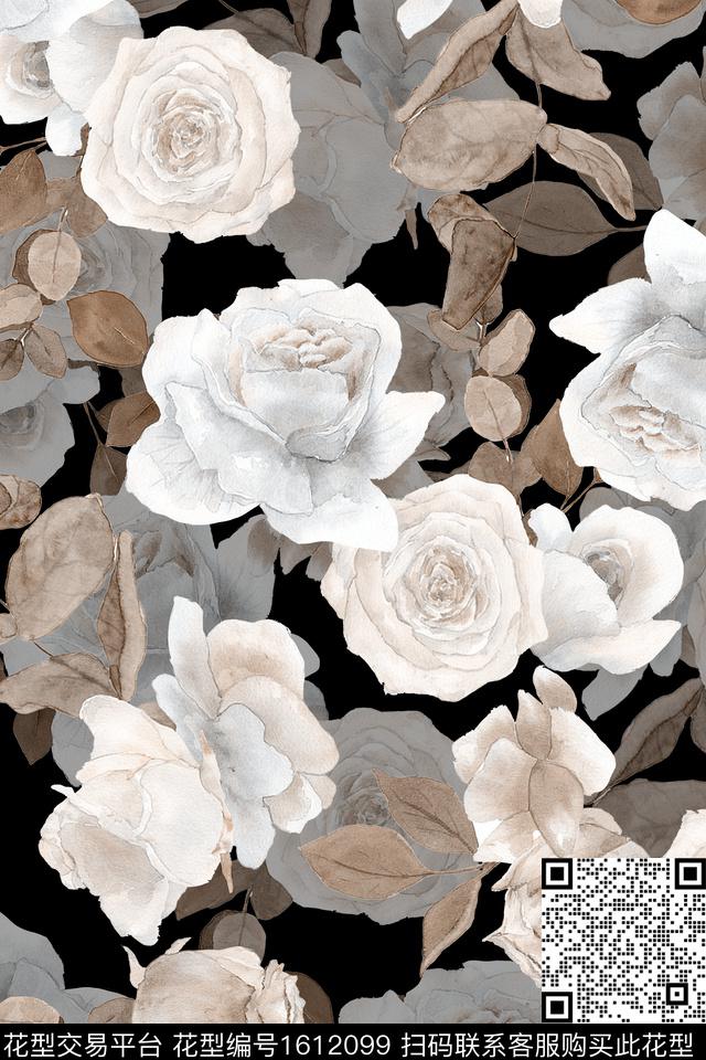 影花黑底花卉花卉数码印花华亿平台下载（图片编号: 1612099） - 瓦栏（Walan）