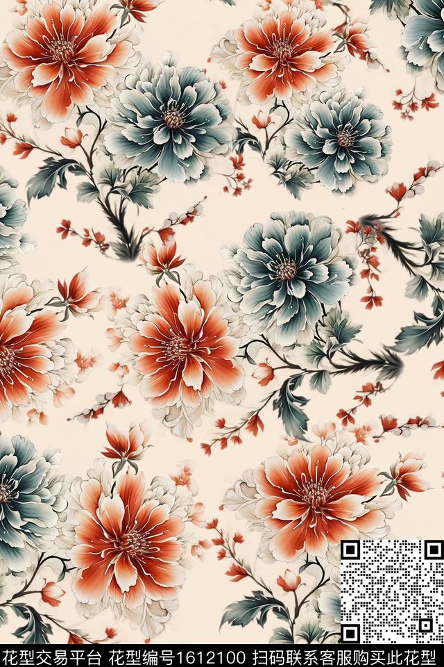 花卉手绘大花数码印花华亿平台下载（图片编号: 1612100） - 瓦栏（Walan）