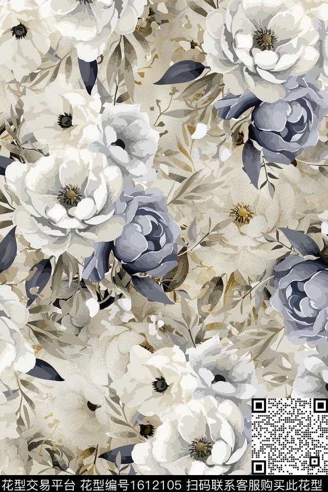 大花花卉手绘数码印花华亿平台下载（图片编号: 1612105） - 瓦栏（Walan）