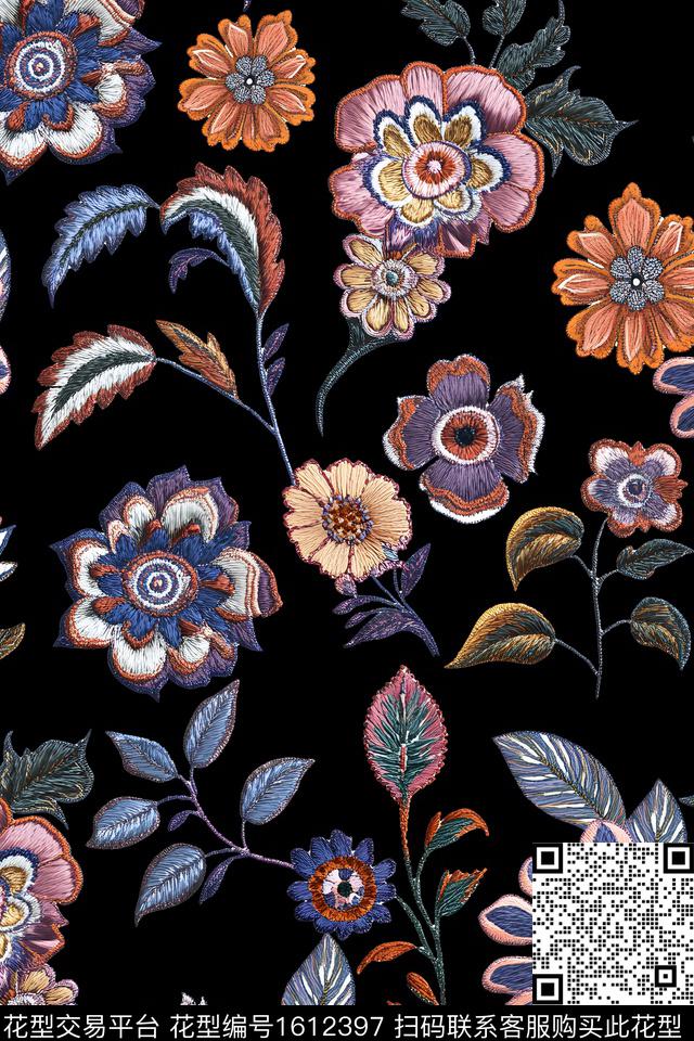 黑底花卉花卉绣花华亿平台数码印花华亿平台下载（图片编号: 1612397） - 瓦栏（Walan）