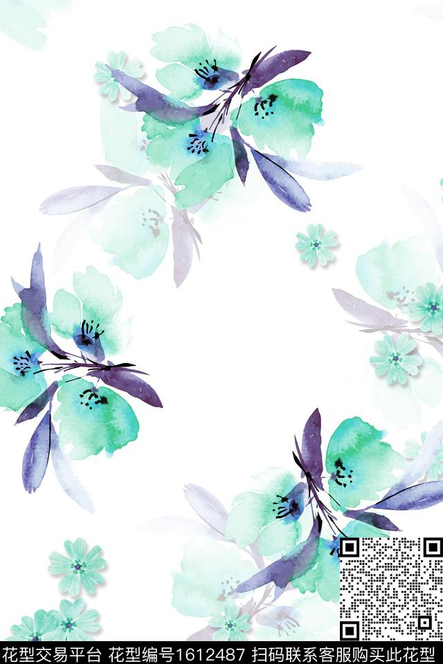 小清新休闲水彩花卉数码印花华亿平台下载（图片编号: 1612487） - 瓦栏（Walan）