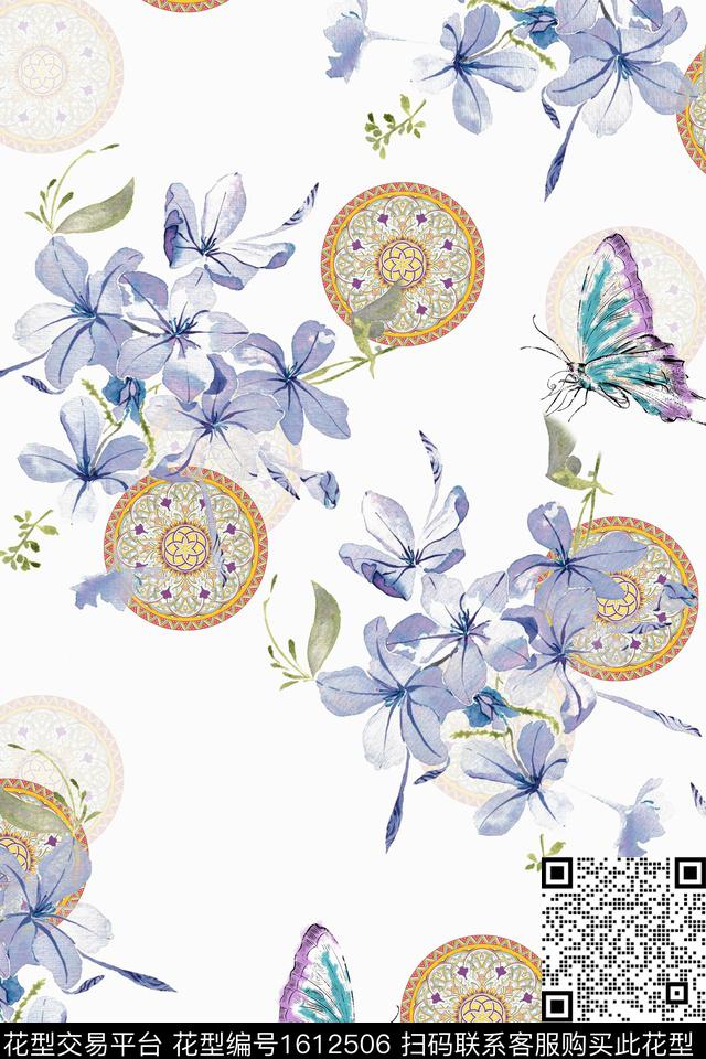 民族纹样花卉蝴蝶数码印花华亿平台下载（图片编号: 1612506） - 瓦栏（Walan）