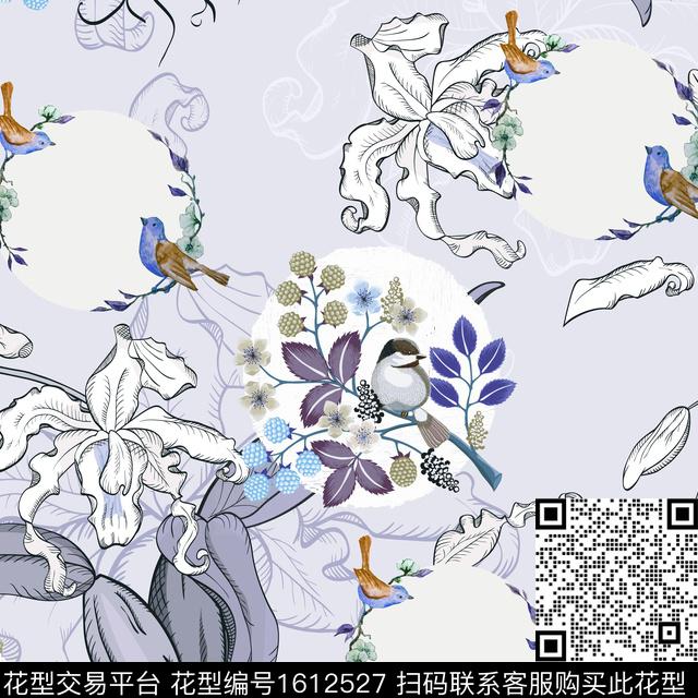 大牌风花鸟线条花卉数码印花华亿平台下载（图片编号: 1612527） - 瓦栏（Walan）