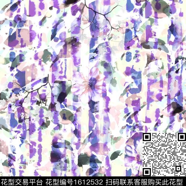 水彩条纹花卉数码印花华亿平台下载（图片编号: 1612532） - 瓦栏（Walan）
