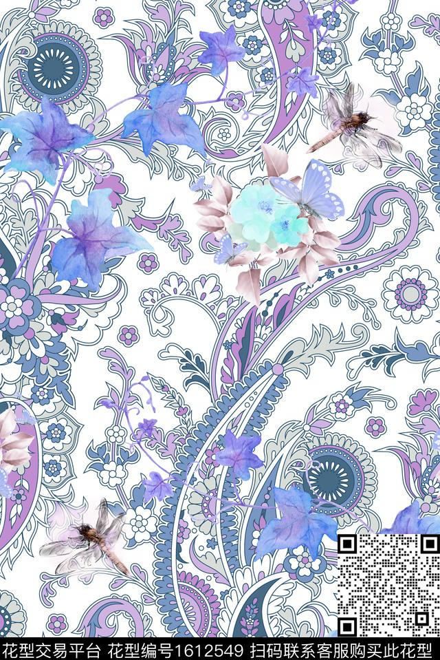 蜻蜓民族风水彩花卉数码印花华亿平台下载（图片编号: 1612549） - 瓦栏（Walan）