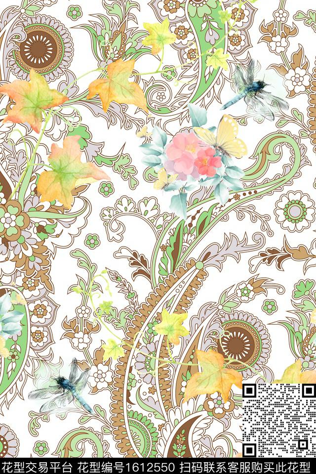 蜻蜓民族风水彩花卉数码印花华亿平台下载（图片编号: 1612550） - 瓦栏（Walan）
