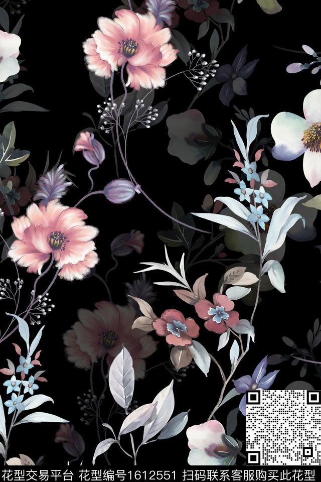 黑底花卉影花花卉数码印花华亿平台下载（图片编号: 1612551） - 瓦栏（Walan）