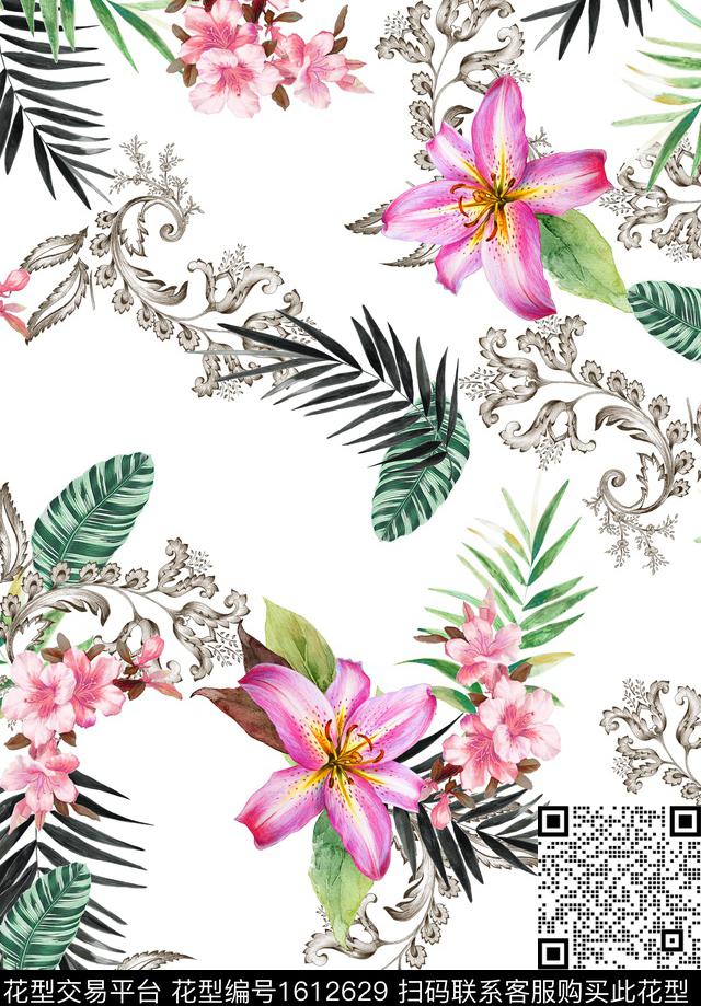 棕榈树涡卷纹热带华亿平台数码印花华亿平台下载（图片编号: 1612629） - 瓦栏（Walan）