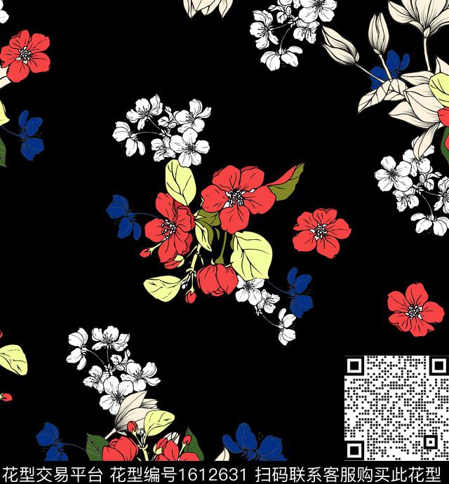 花卉黑底花卉平面花卉传统印花华亿平台下载（图片编号: 1612631） - 瓦栏（Walan）