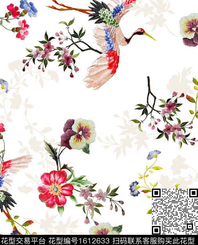 中国风仙鹤花卉数码印花华亿平台下载（图片编号: 1612633） - 瓦栏（Walan）