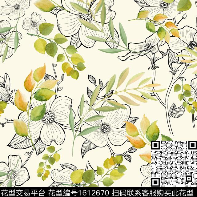 花卉线条花卉绿植树叶数码印花华亿平台下载（图片编号: 1612670） - 瓦栏（Walan）