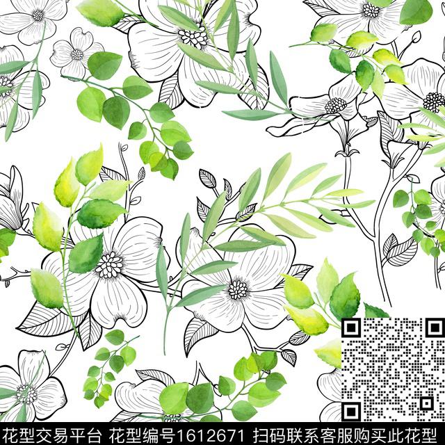 休闲水彩花卉线条花卉数码印花华亿平台下载（图片编号: 1612671） - 瓦栏（Walan）