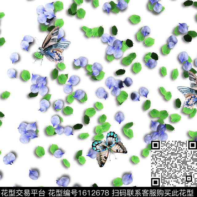 花瓣蝴蝶绿植树叶数码印花华亿平台下载（图片编号: 1612678） - 瓦栏（Walan）