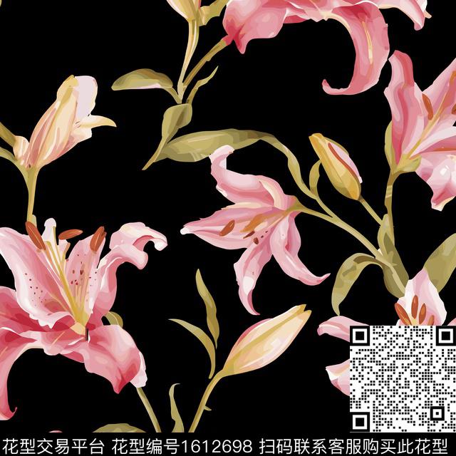花卉黑底花卉百合数码印花华亿平台下载（图片编号: 1612698） - 瓦栏（Walan）