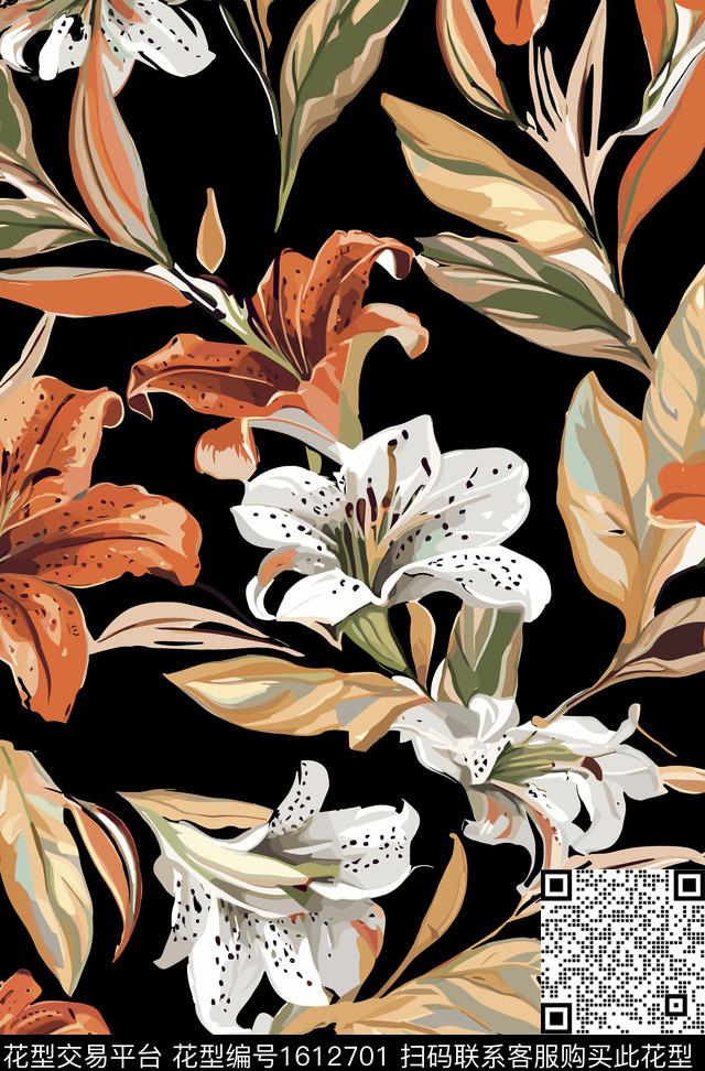 花卉黑底花卉大花数码印花华亿平台下载（图片编号: 1612701） - 瓦栏（Walan）