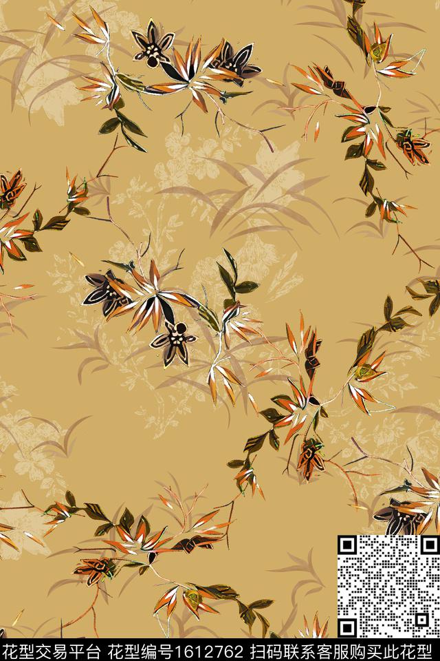 香云纱中国风花草树叶数码印花华亿平台下载（图片编号: 1612762） - 瓦栏（Walan）