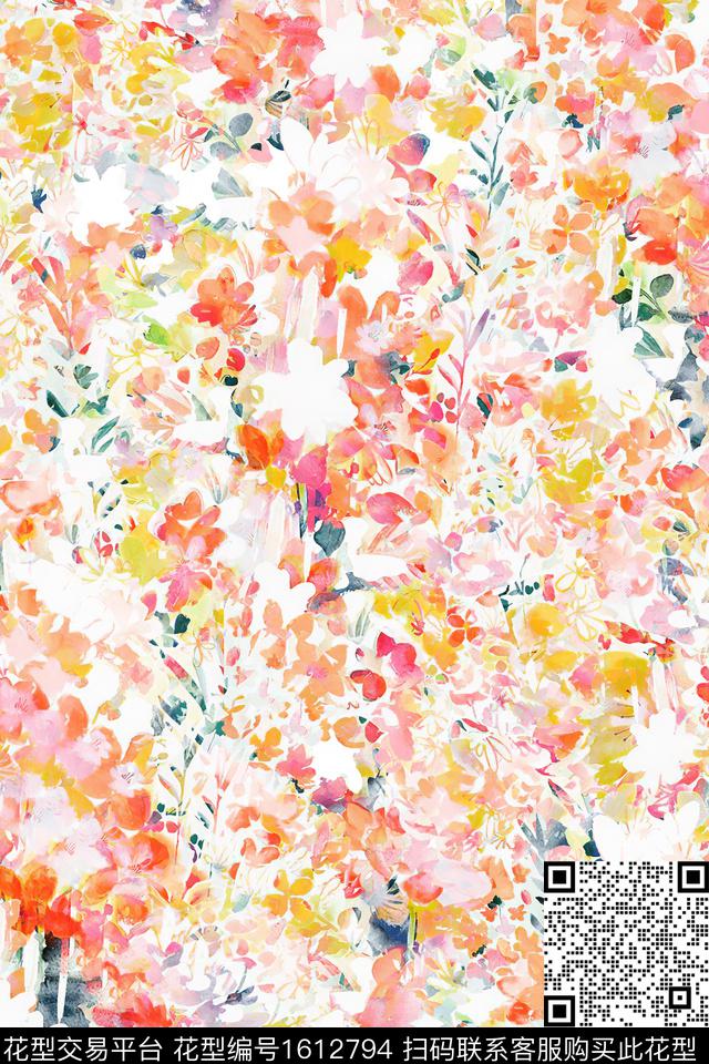 花卉水彩花卉满版散花数码印花华亿平台下载（图片编号: 1612794） - 瓦栏（Walan）