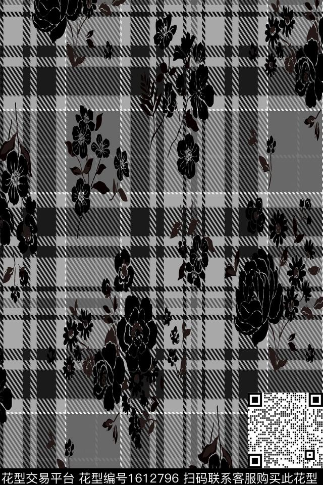 格子花卉黑白华亿平台数码印花华亿平台下载（图片编号: 1612796） - 瓦栏（Walan）